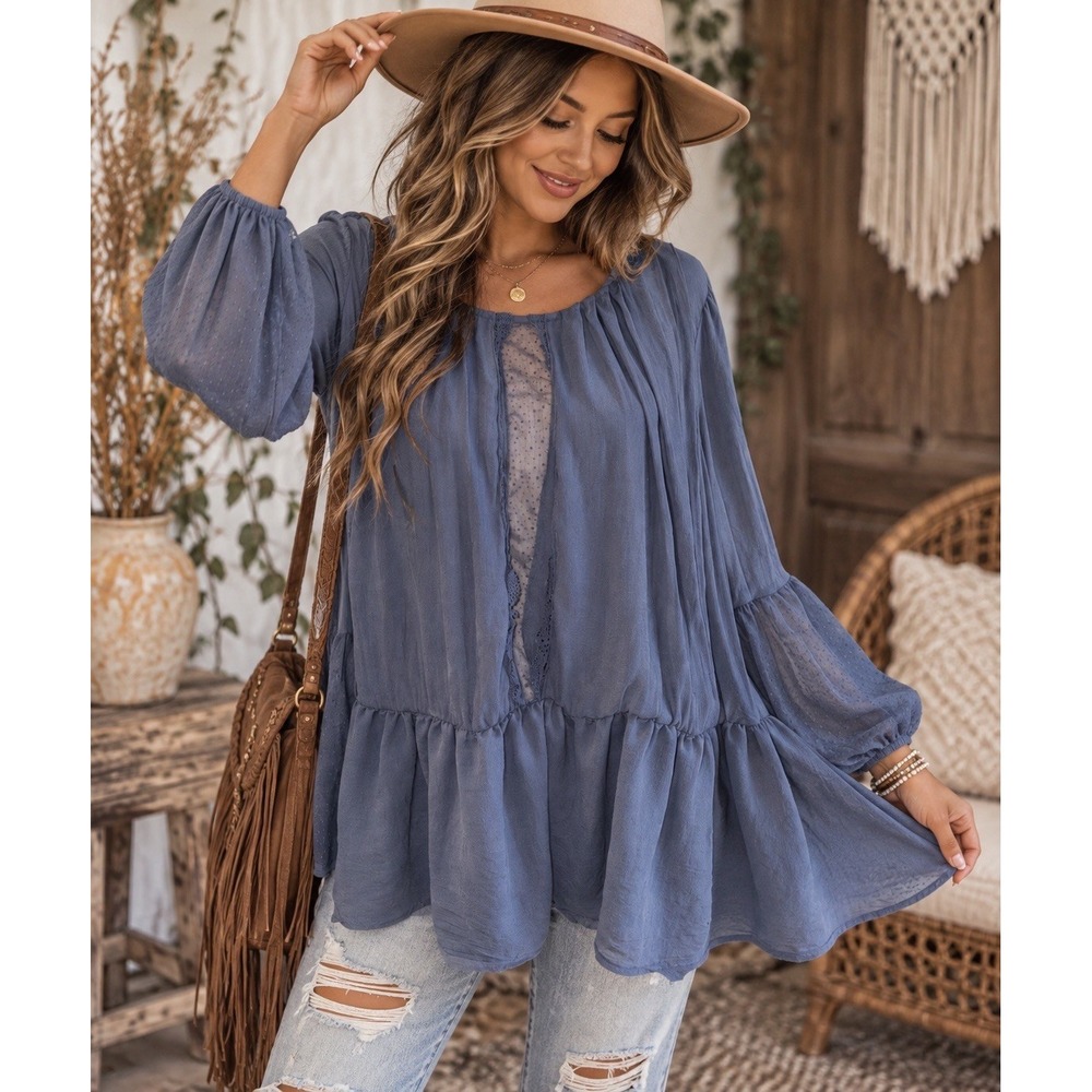Free People Soul Serene Tunic L Blue Lace Inset Boho Peasant Blouse